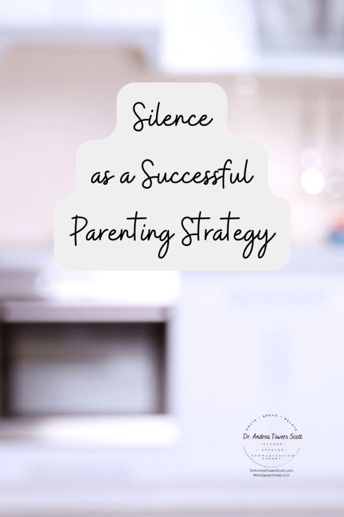 muted kitchen background with article title, "Silence as a parenting strategy" and author logo in bottom right.