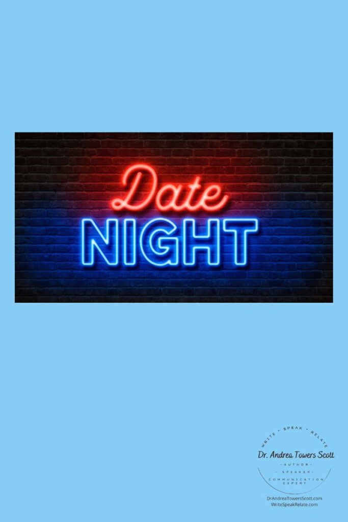 simple image with blue background and a picture of a brick wall with neon sign that says 'date night' in red and blue. Author logo in the bottom right corner