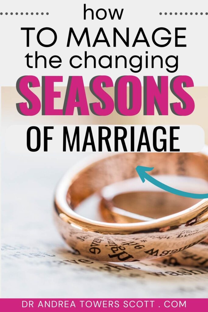 two gold wedding rings with title, 'how to manage the changing seasons of marriage' and author website, dr andrea towers scott dot com