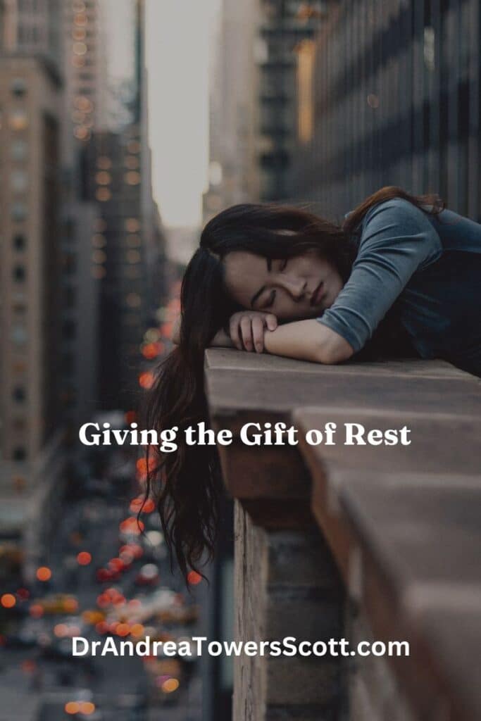 Teen sleeping on the balcony ledge; title, "Giving the gift of rest" and author website dr andrea towers scott dot com
